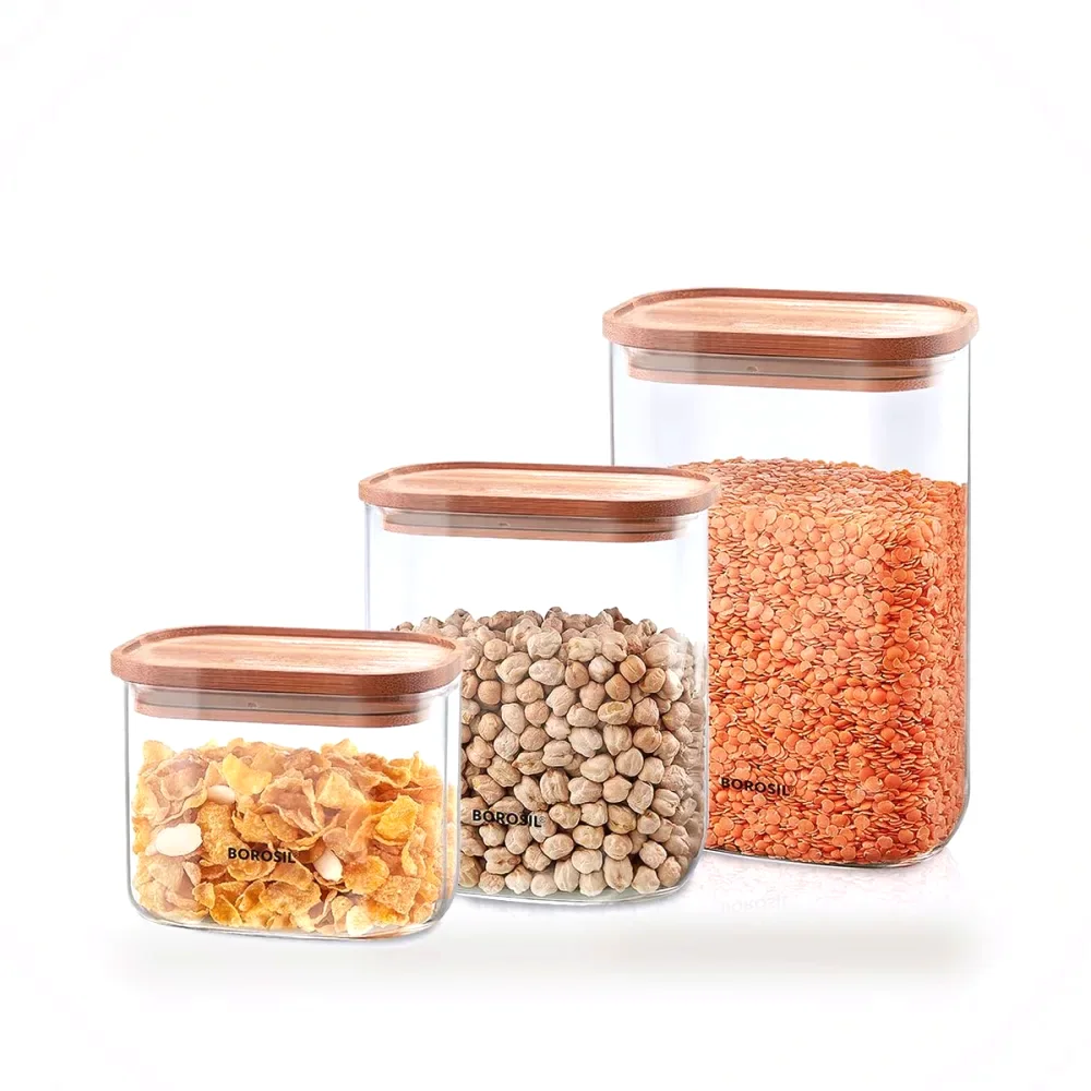 Borosil Eco Glass Jars with Bamboo Lid (Set of 3) gift box