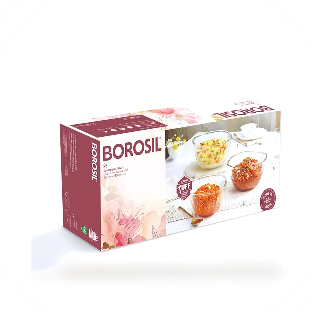 Borosil Everyday Square Bowl Set of 3 gift box