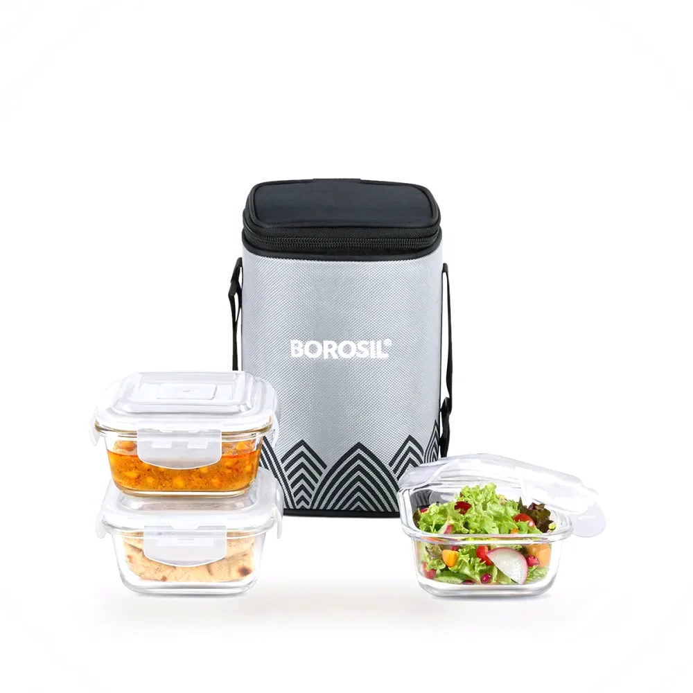 Borosil Mealbox Glass Lunch Set — Grey gift box