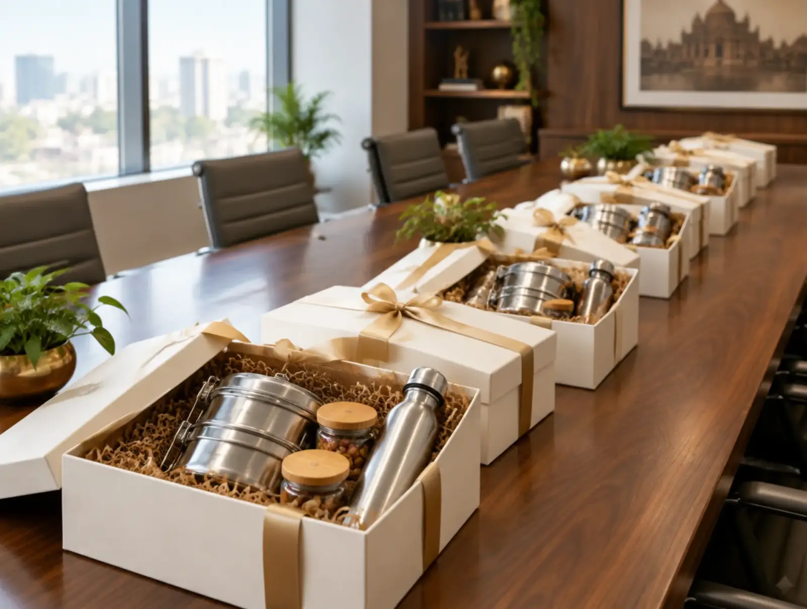 A boardroom table lined with paper gift boxes holding steel tiffins, glass jars and bottles