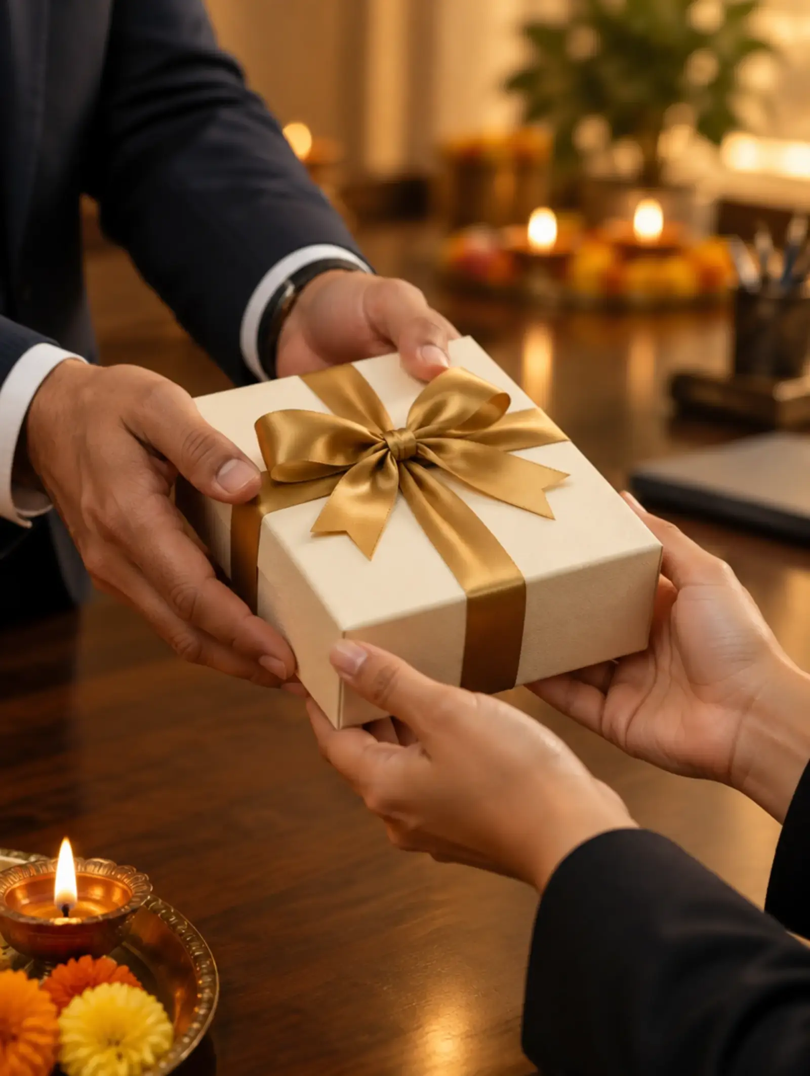 A gift box with a satin ribbon being handed over in an office
