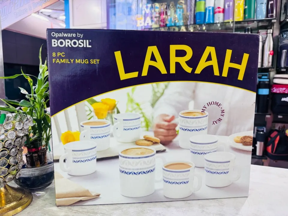 Borosil Larah 8-piece mug set box on the VB Kitchens counter, Vikas Bartan sign behind
